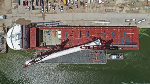 Unloading a 25-story-tall, 601-ton distillation tower at the Port of Houston in Texas