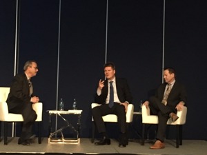 Fig. 1. Panelist (from left to right): Harry Forbes, Research Director for ARC Advisory Group, Per-Erik Hosten, Managing Director for ABB Oil, Gas and Chemicals, and Sandy Vasser (retired), IC&amp;E Manager for ExxonMobil Development Co. Photo by Lee Nichols.