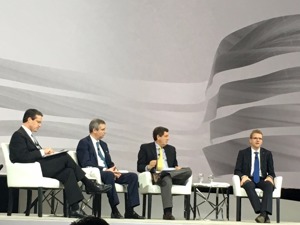 A view of Wednesday’s keynote panelists (from left to right): Greg Scheu, President Americas region for ABB, Jose Bustamante, Executive V.P. of Business Development and Strategy for Fluor, Ricardo Rizo Patron, Chairman of UNACEM Corp., and Peter Terwiesch, President of Industrial Automation Division for ABB.