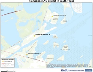 Rio Grande LNG is a proposed 27 mtpa LNG export facility to be located on a 984-acre site on the Brownsville Ship Channel in South Texas. MAP SOURCE: EWA