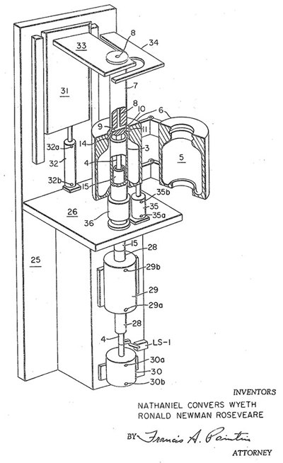 FIG. 4. A perspective view of Wyeth’s invention as submitted in his patent. Photo courtesy of the U.S. Patent Office.170his patent.  Photo courtesy of the U.S. Patent Office.<sup>170</sup>
