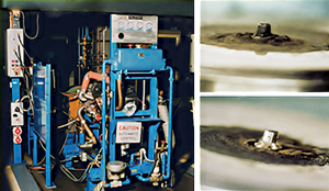 Fig. 2. Peugeot XUD9 fuel injector test apparatus and test injector tip photos.