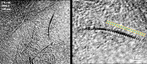 FIG. 2. High-resolution transmission electron microscopy (HRTEM) of the new slurry technology catalyst, showing the dispersed lamellae (left) and a single MoS2 layer with superimposed atomic model (right). (Images by Eleanora Di Pada and Erica Montanari, Enu S.p.A.)