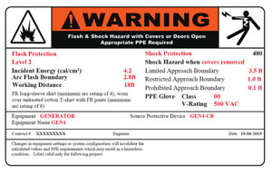 FIG. 1. A representative ARC flash decal for a generator circuit breaker panel, which clearly lists the required level of flash and shock protections when working on and around the generator.