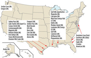 FIG. 5. US LNG export projects. Source: <i>Hydrocarbon Processing’s</i> Construction Boxscore Database and the US Department of Energy. 